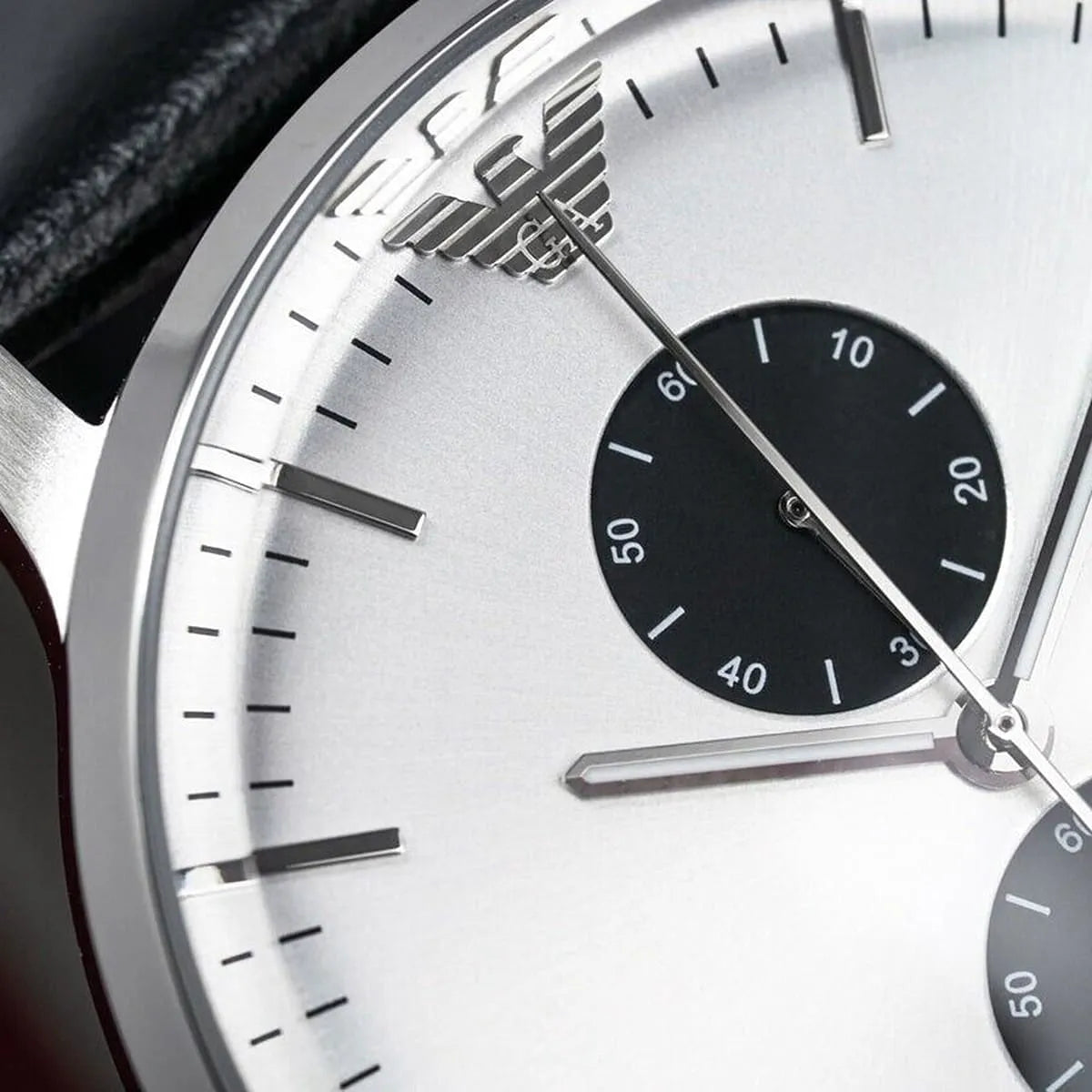 Emporio Armani Classic AR0385 43mm Men's Chronograph Watch – White & Black Genuine Leather Strap