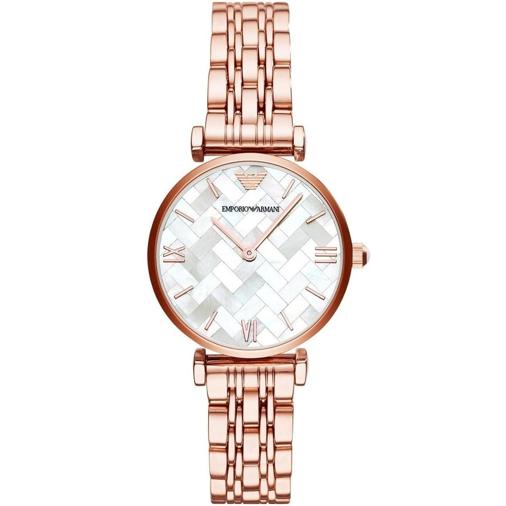 Emporio Armani Gianni T-Bar AR11110 32mm Women's Quartz Watch – Mother-of-Pearl Mosaic & Rose Gold-Tone Stainless Steel Bracelet