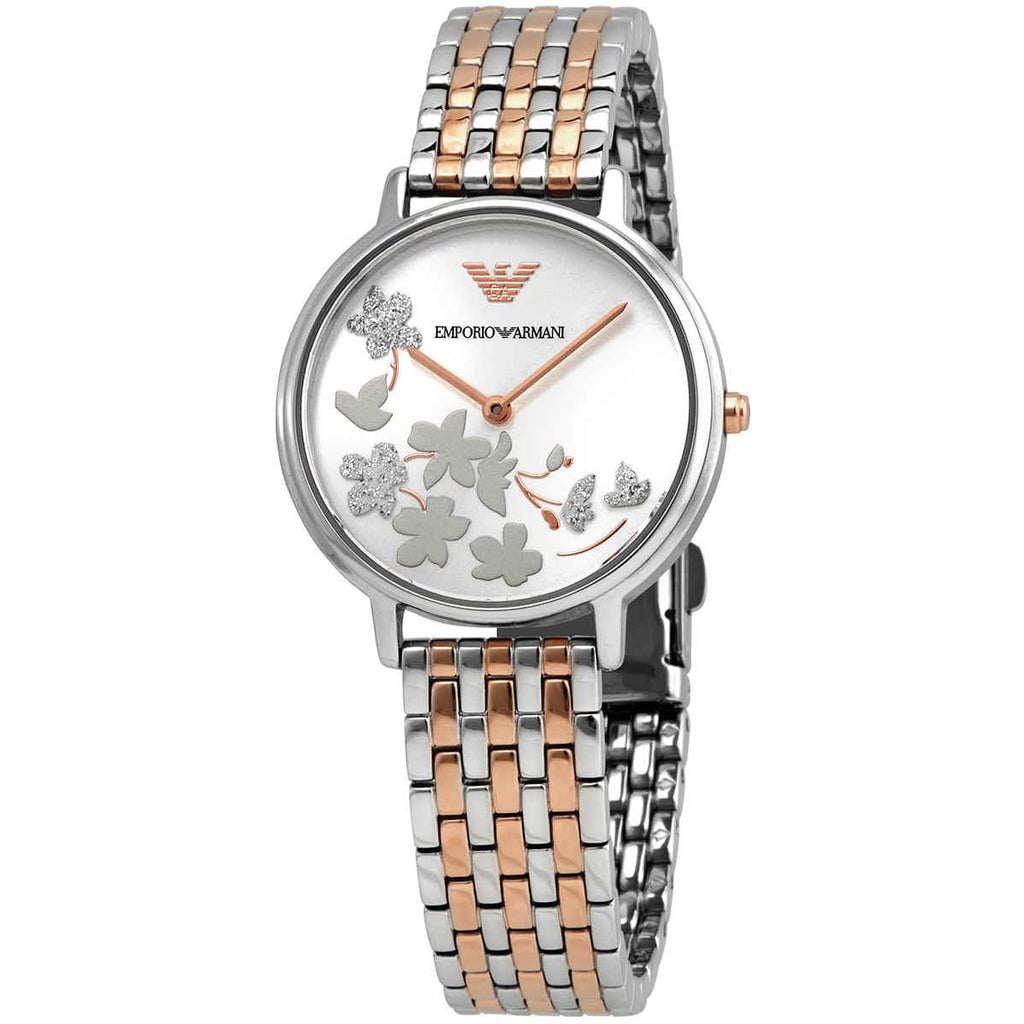 Emporio Armani Kappa AR11113 32mm Women's Quartz Watch – Silver Crystal-Set Floral & Two-Tone Silver and Rose Gold Stainless Steel Bracelet
