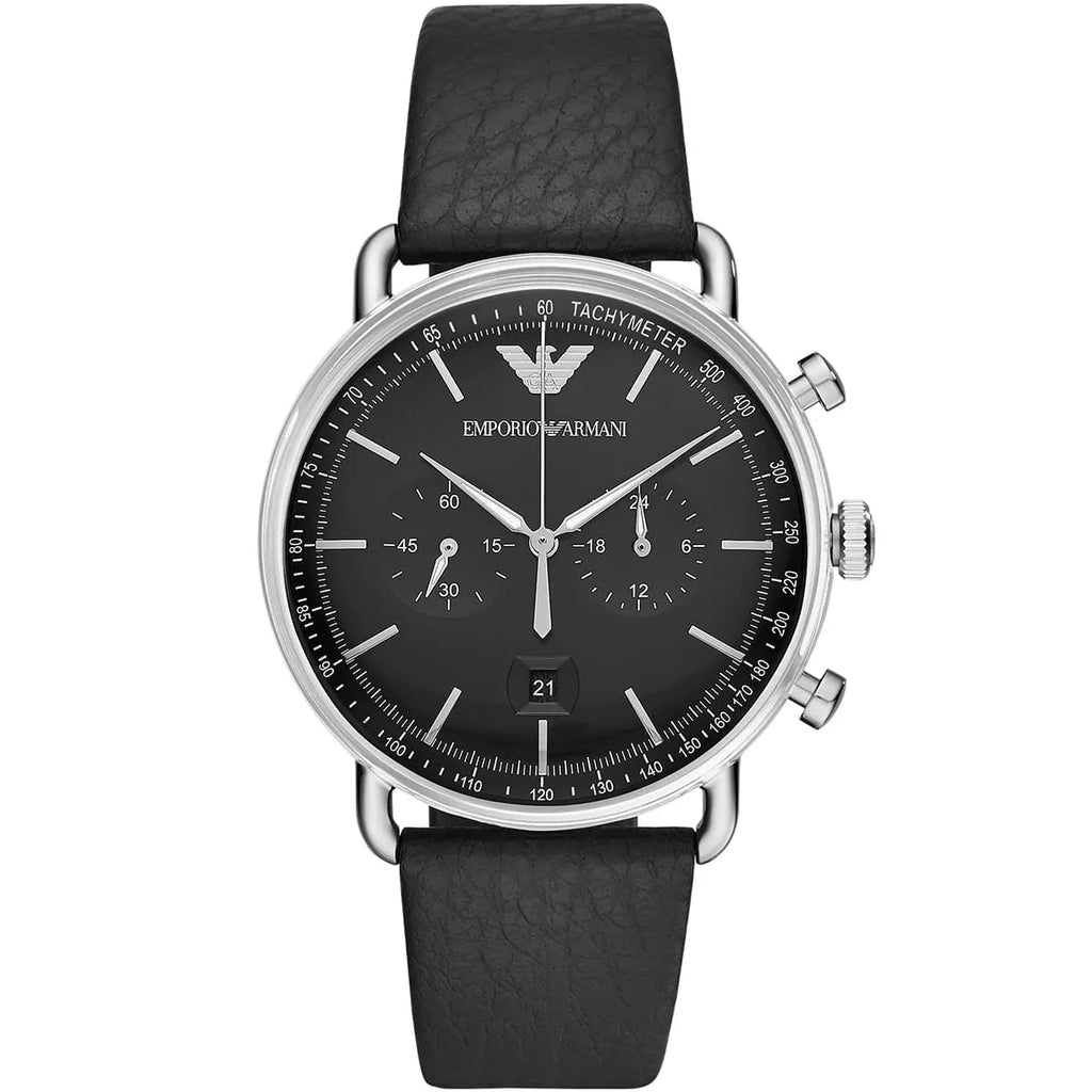 Emporio Armani Aviator AR11143 Men's Chronograph Watch – Black & Black Genuine Leather Strap