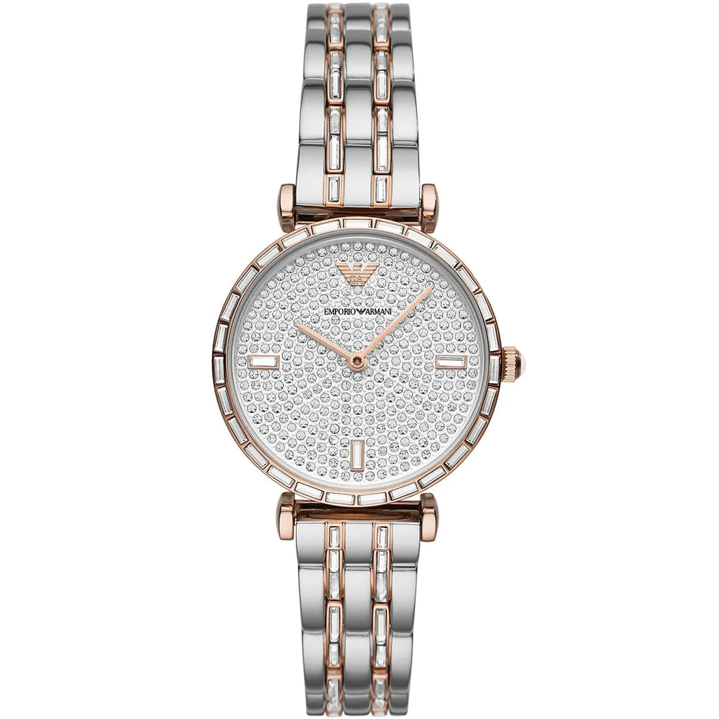 Emporio Armani Gianni T-Bar AR11293 32mm Women's Quartz Watch – Rose Gold Crystal-Set & Two-Tone Silver and Rose Gold Stainless Steel Bracelet