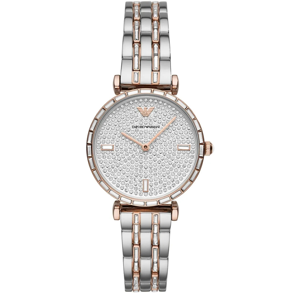 Emporio Armani Gianni T-Bar AR11293 32mm Women's Quartz Watch – Rose Gold Crystal-Set & Two-Tone Silver and Rose Gold Stainless Steel Bracelet