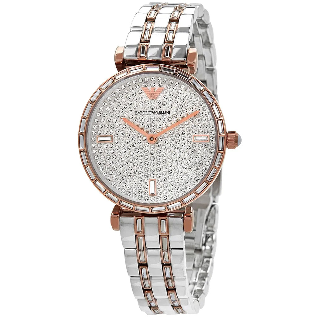 Emporio Armani Gianni T-Bar AR11293 32mm Women's Quartz Watch – Rose Gold Crystal-Set & Two-Tone Silver and Rose Gold Stainless Steel Bracelet