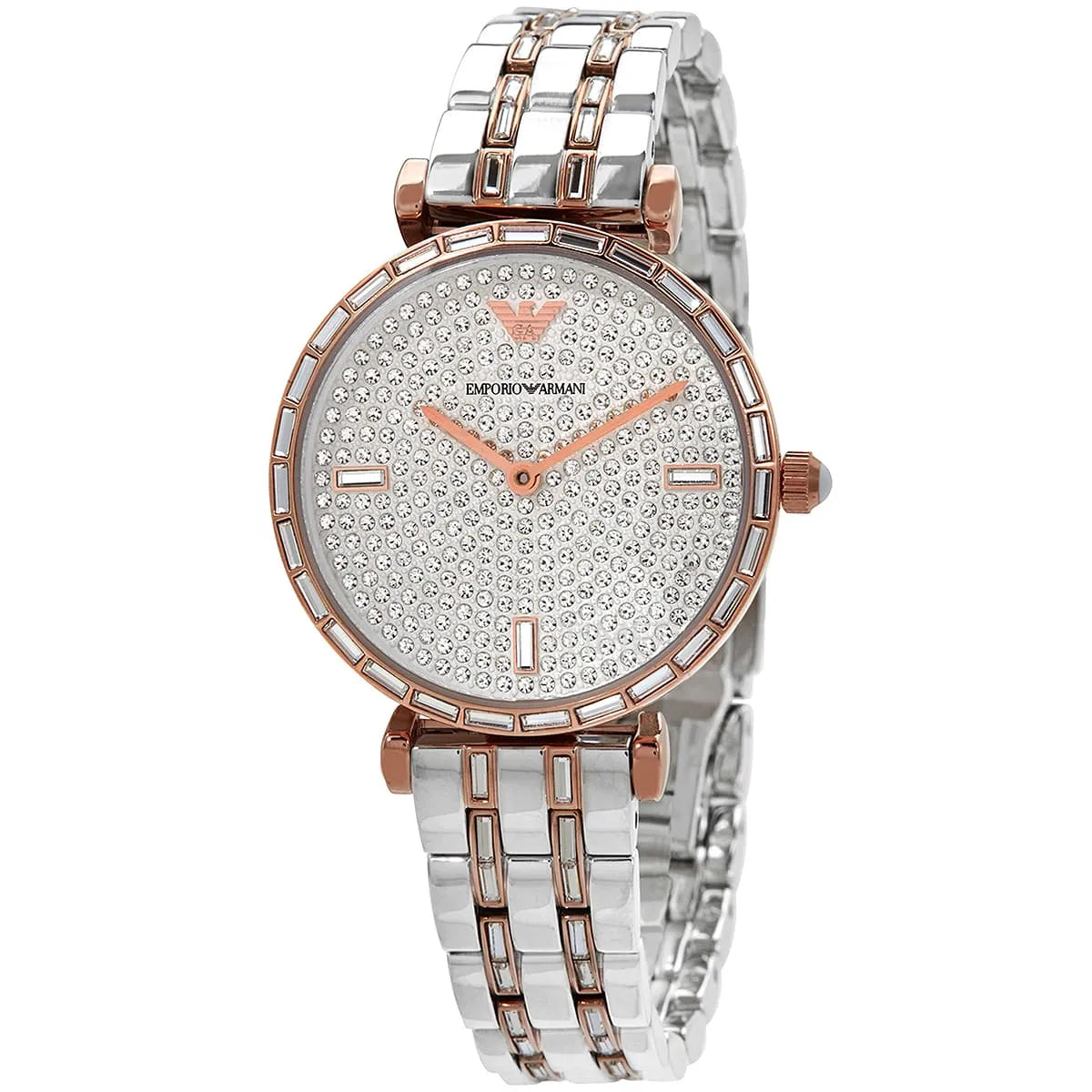 Emporio Armani Gianni T-Bar AR11293 32mm Women's Quartz Watch – Rose Gold Crystal-Set & Two-Tone Silver and Rose Gold Stainless Steel Bracelet