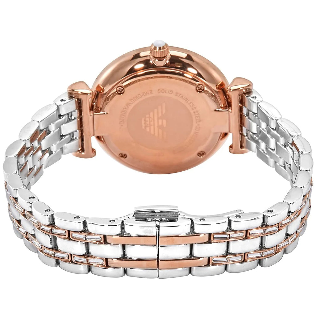 Emporio Armani Gianni T-Bar AR11293 32mm Women's Quartz Watch – Rose Gold Crystal-Set & Two-Tone Silver and Rose Gold Stainless Steel Bracelet