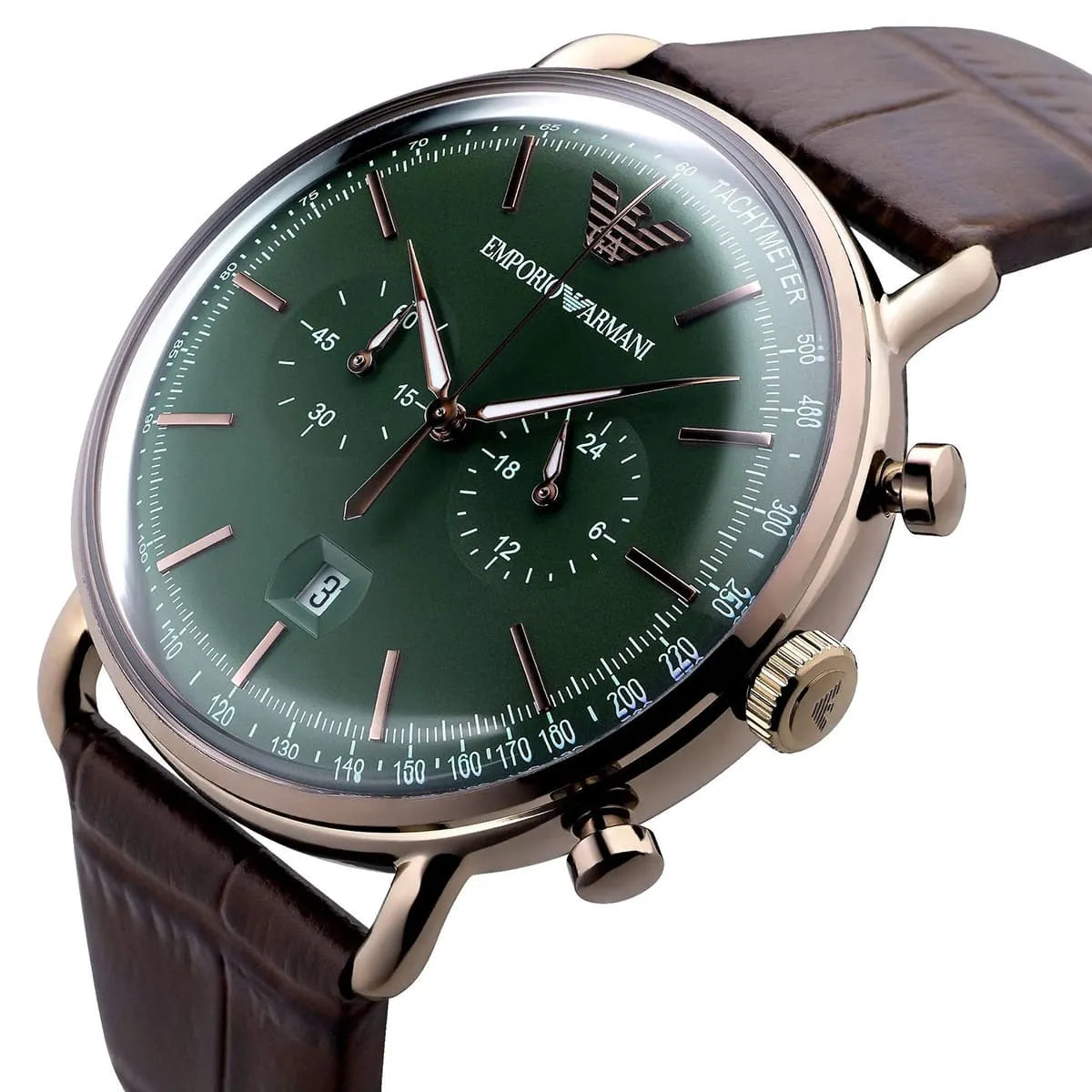 Emporio Armani Aviator AR11334 43mm Men's Chronograph Watch – Green & Rose Gold Genuine Leather Strap