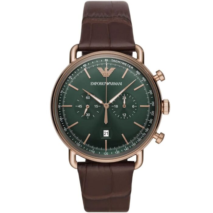 Emporio Armani Aviator AR11334 43mm Men's Chronograph Watch – Green & Rose Gold Genuine Leather Strap