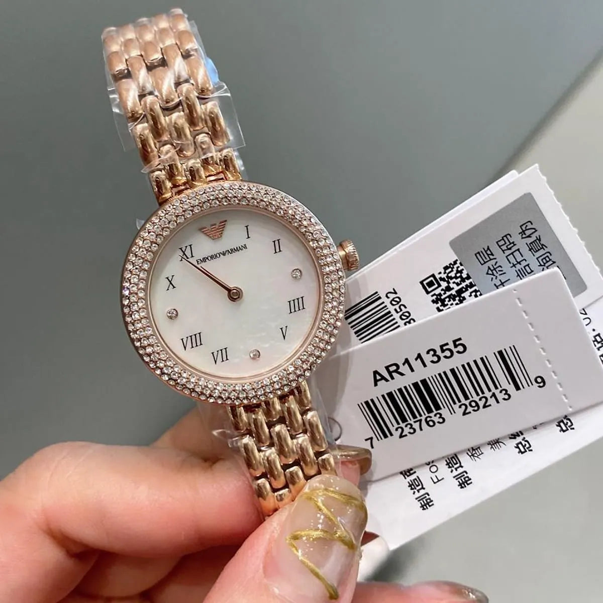 Emporio Armani Rosa AR11355 30mm Women's Quartz Watch – Mother-of-Pearl Crystal-Set & Rose Gold-Tone Stainless Steel Bracelet