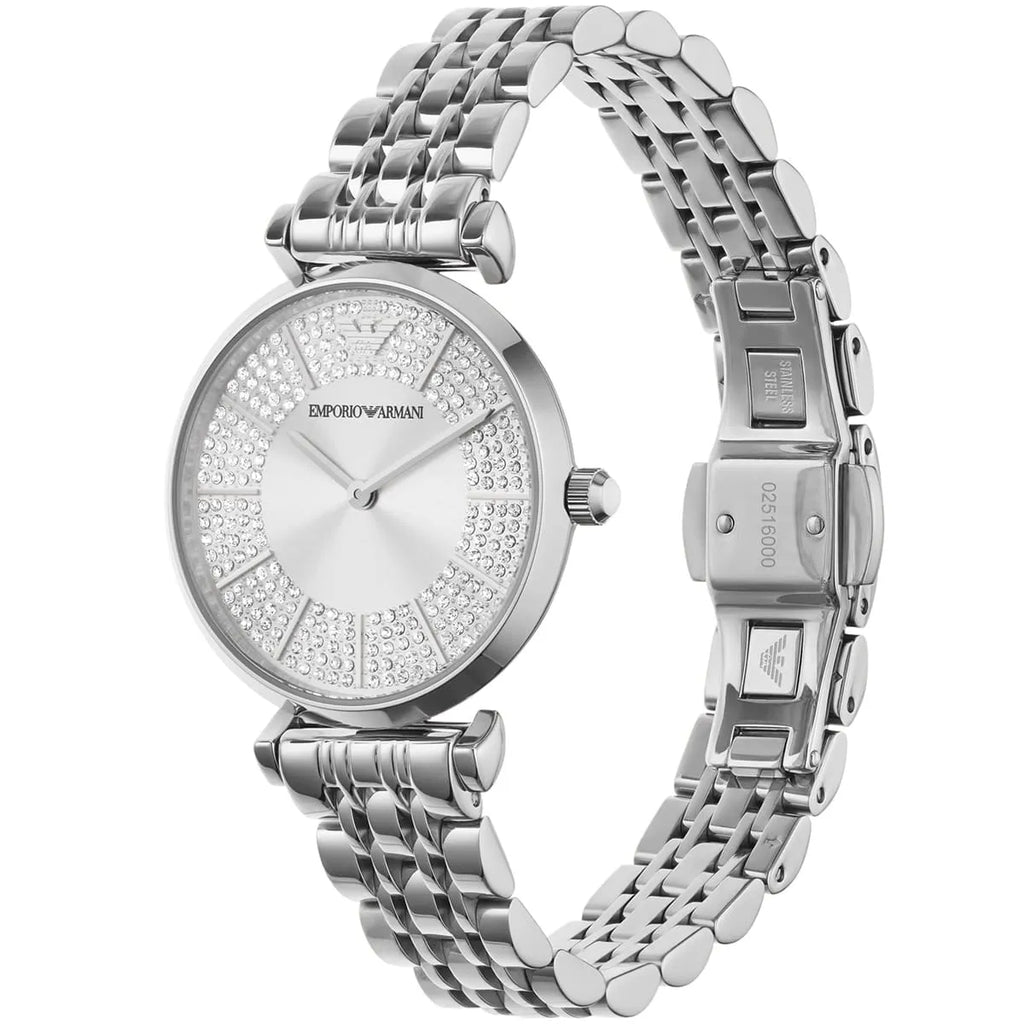 Emporio Armani Gianni T-Bar AR11445 32mm Women's Quartz Watch – Silver Crystal-Set & Silver Stainless Steel Bracelet