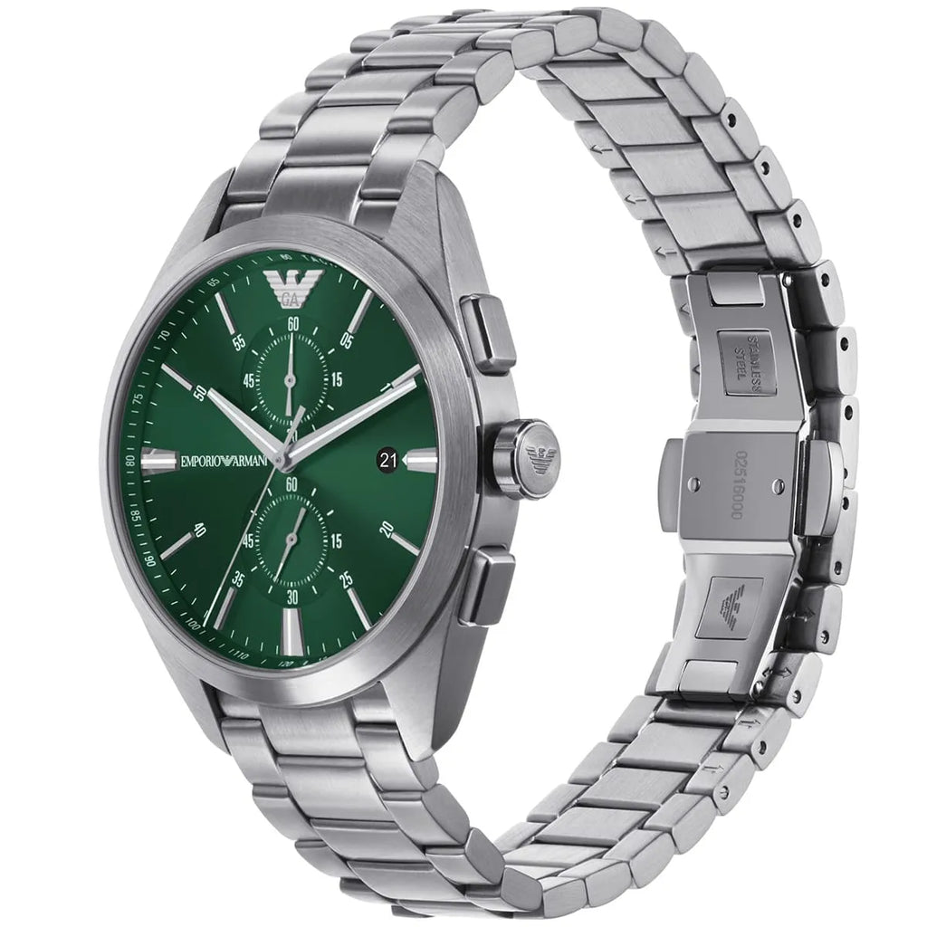 Emporio Armani Claudio AR11480 43mm Men's Chronograph Watch – Green Sunray & Silver Stainless Steel Bracelet