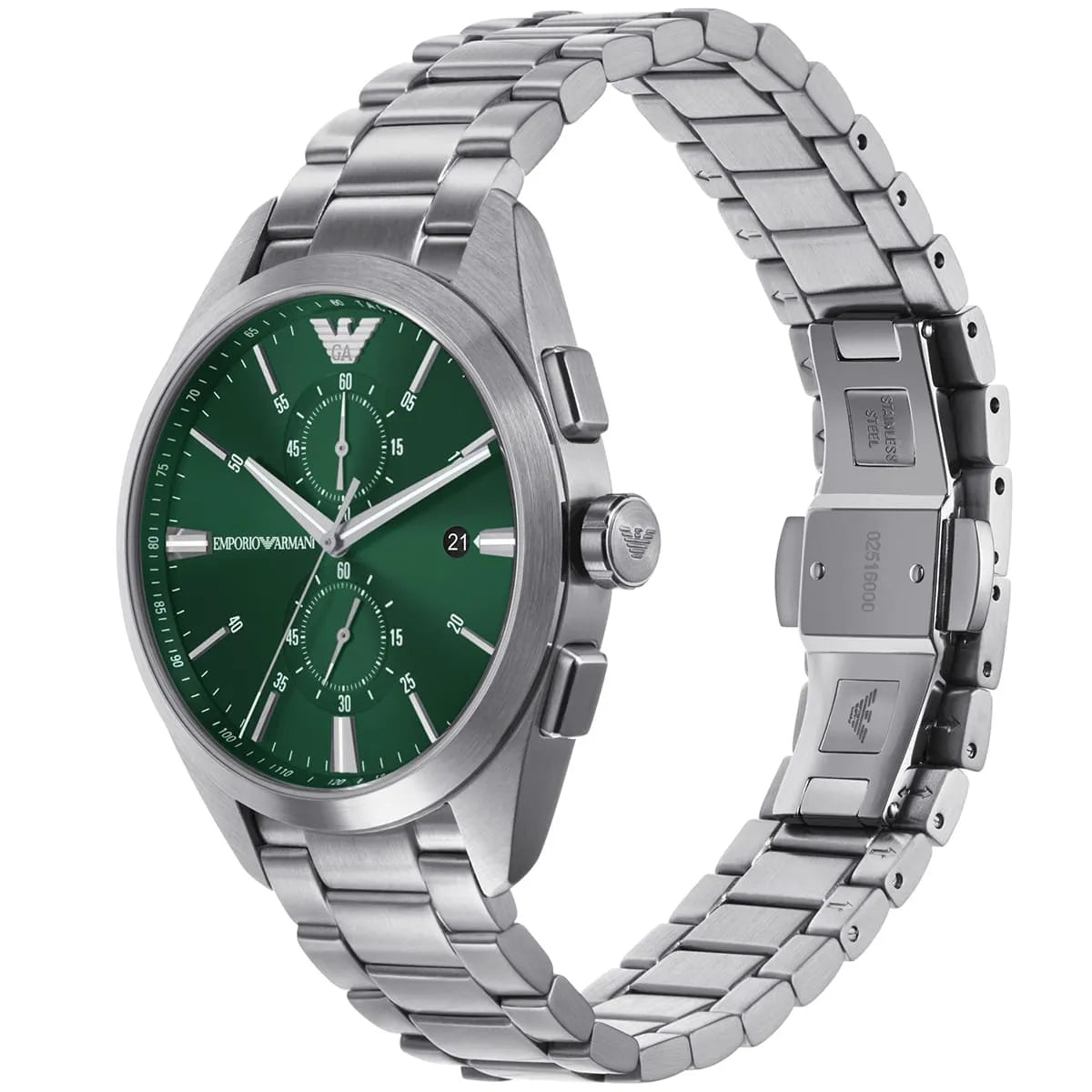 Emporio Armani Claudio AR11480 43mm Men's Chronograph Watch – Green Sunray & Silver Stainless Steel Bracelet