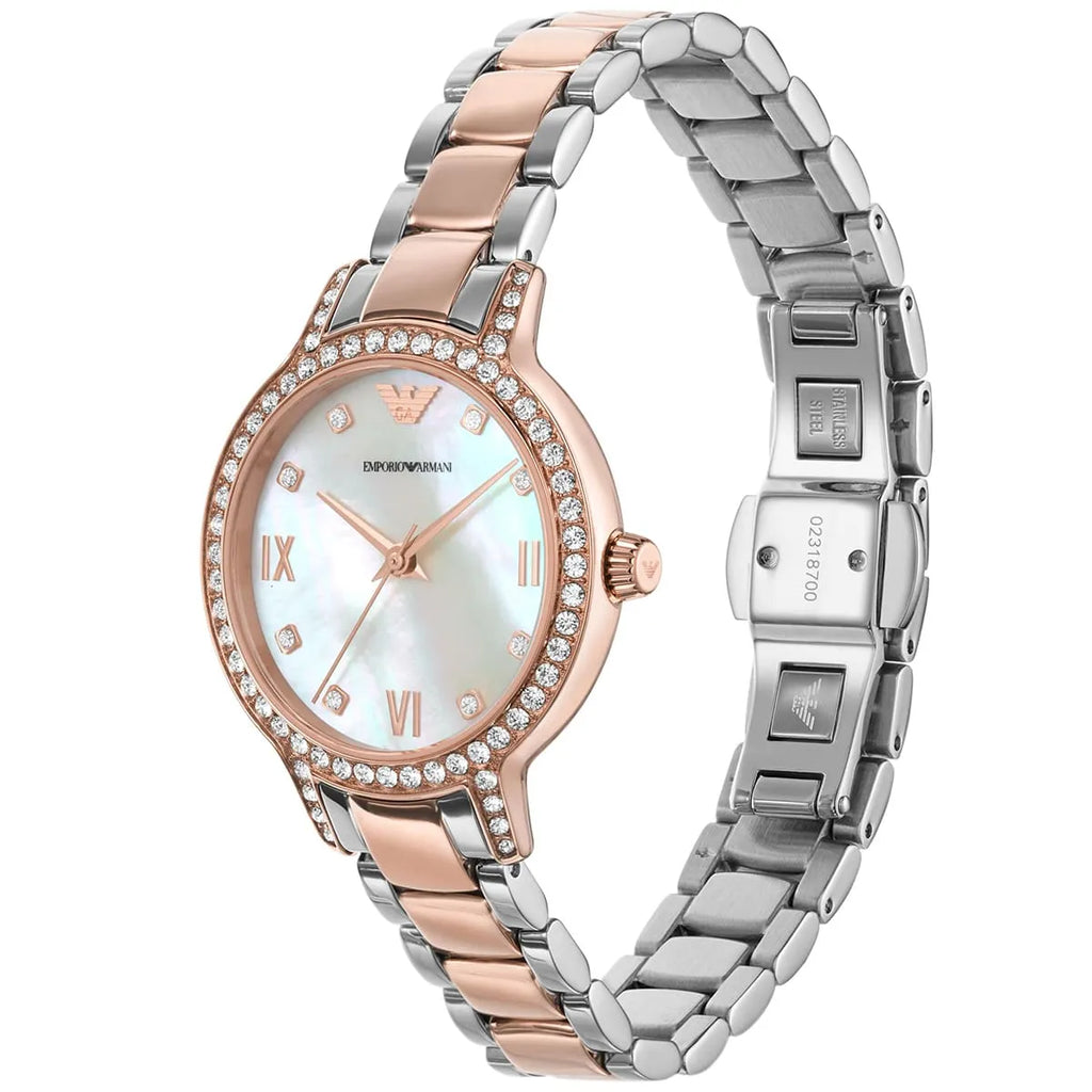 Emporio Armani Cleo AR11499 32mm Women's Quartz Watch – White Mother-of-Pearl Crystal-Set & Two-Tone Silver and Rose Gold Stainless Steel Bracelet