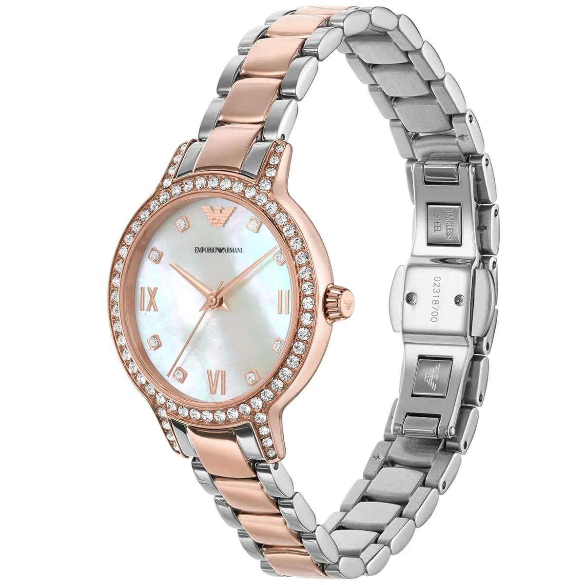 Emporio Armani Cleo AR11499 32mm Women's Quartz Watch – White Mother-of-Pearl Crystal-Set & Two-Tone Silver and Rose Gold Stainless Steel Bracelet