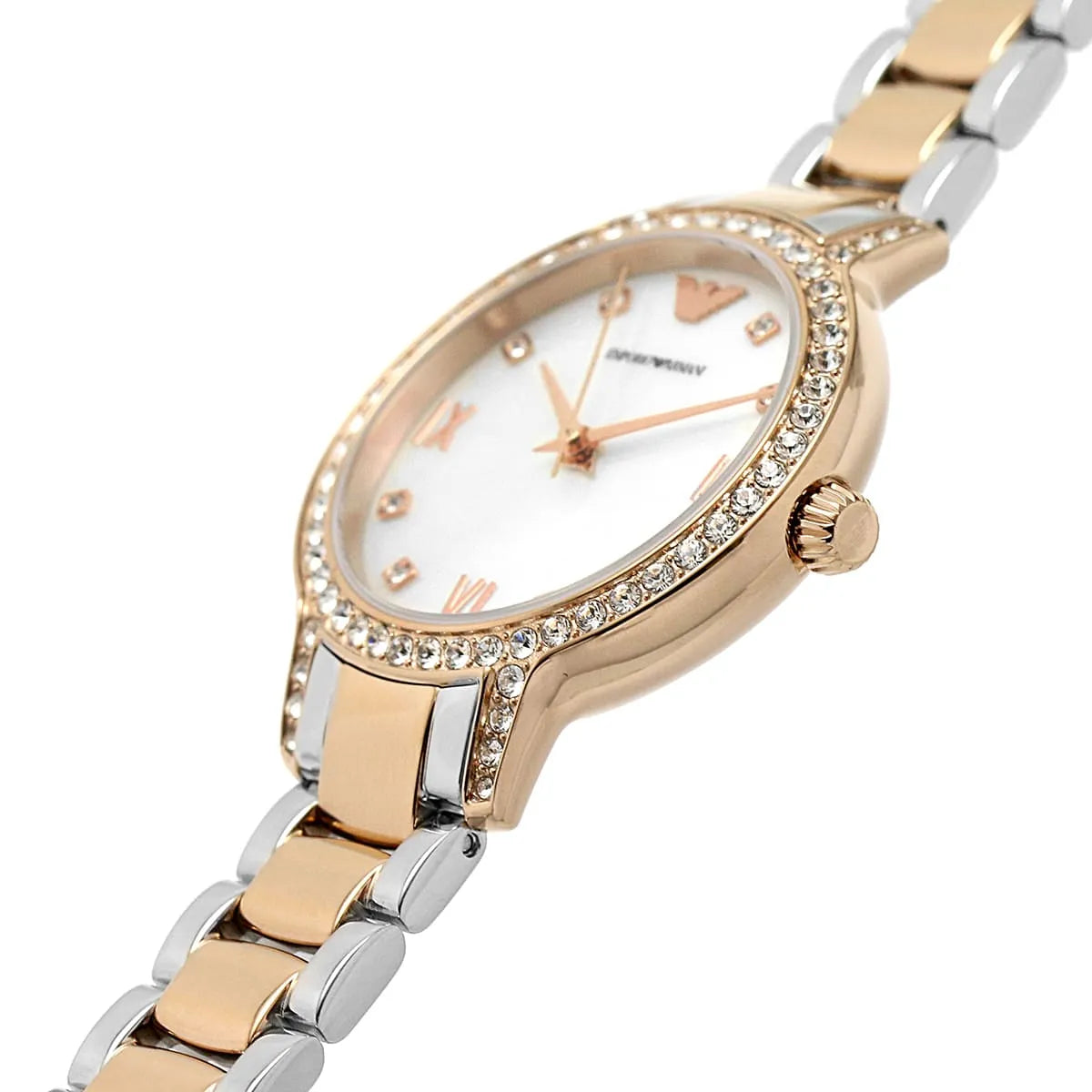 Emporio Armani Cleo AR11499 32mm Women's Quartz Watch – White Mother-of-Pearl Crystal-Set & Two-Tone Silver and Rose Gold Stainless Steel Bracelet