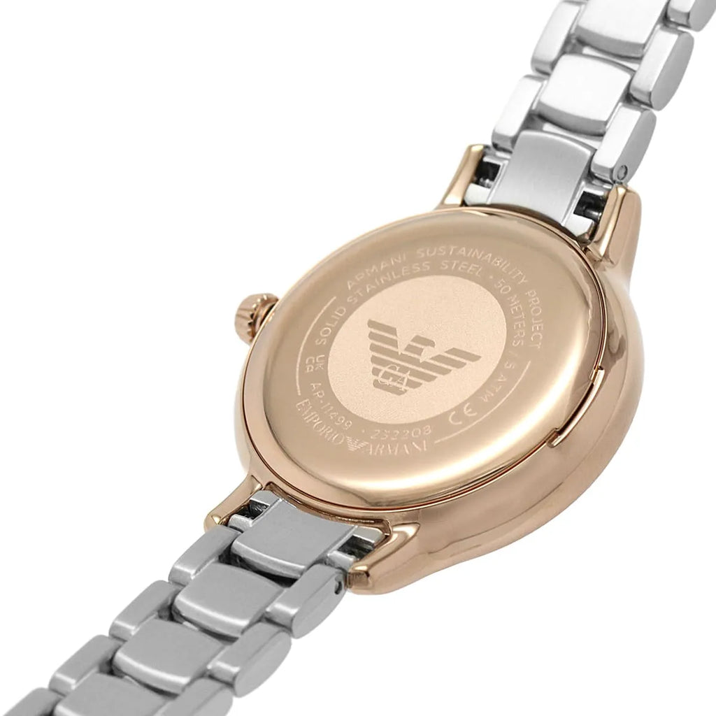 Emporio Armani Cleo AR11499 32mm Women's Quartz Watch – White Mother-of-Pearl Crystal-Set & Two-Tone Silver and Rose Gold Stainless Steel Bracelet