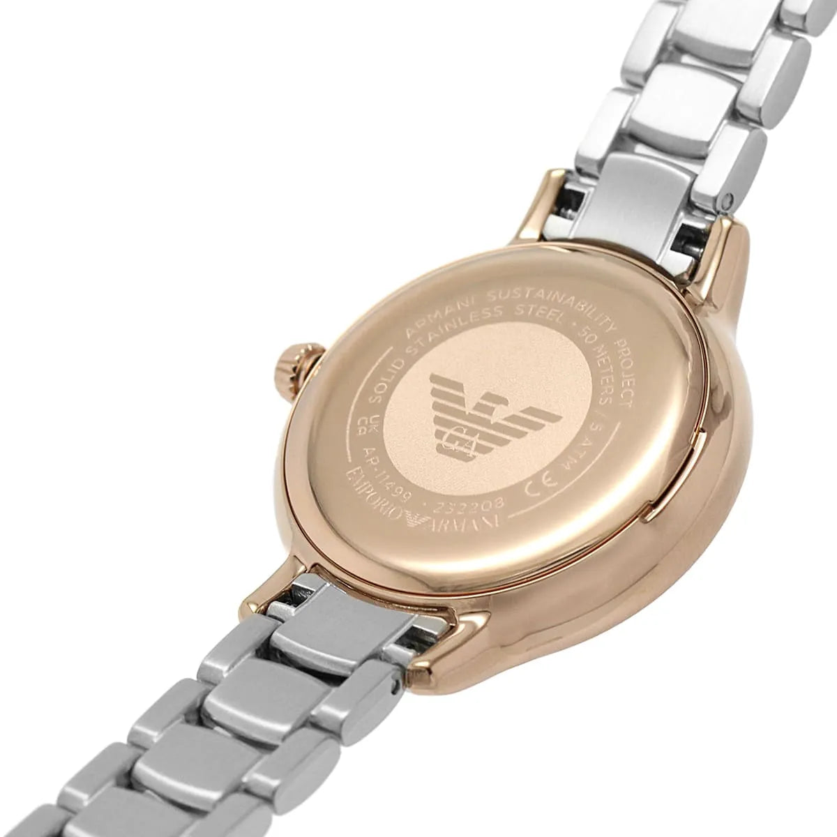 Emporio Armani Cleo AR11499 32mm Women's Quartz Watch – White Mother-of-Pearl Crystal-Set & Two-Tone Silver and Rose Gold Stainless Steel Bracelet