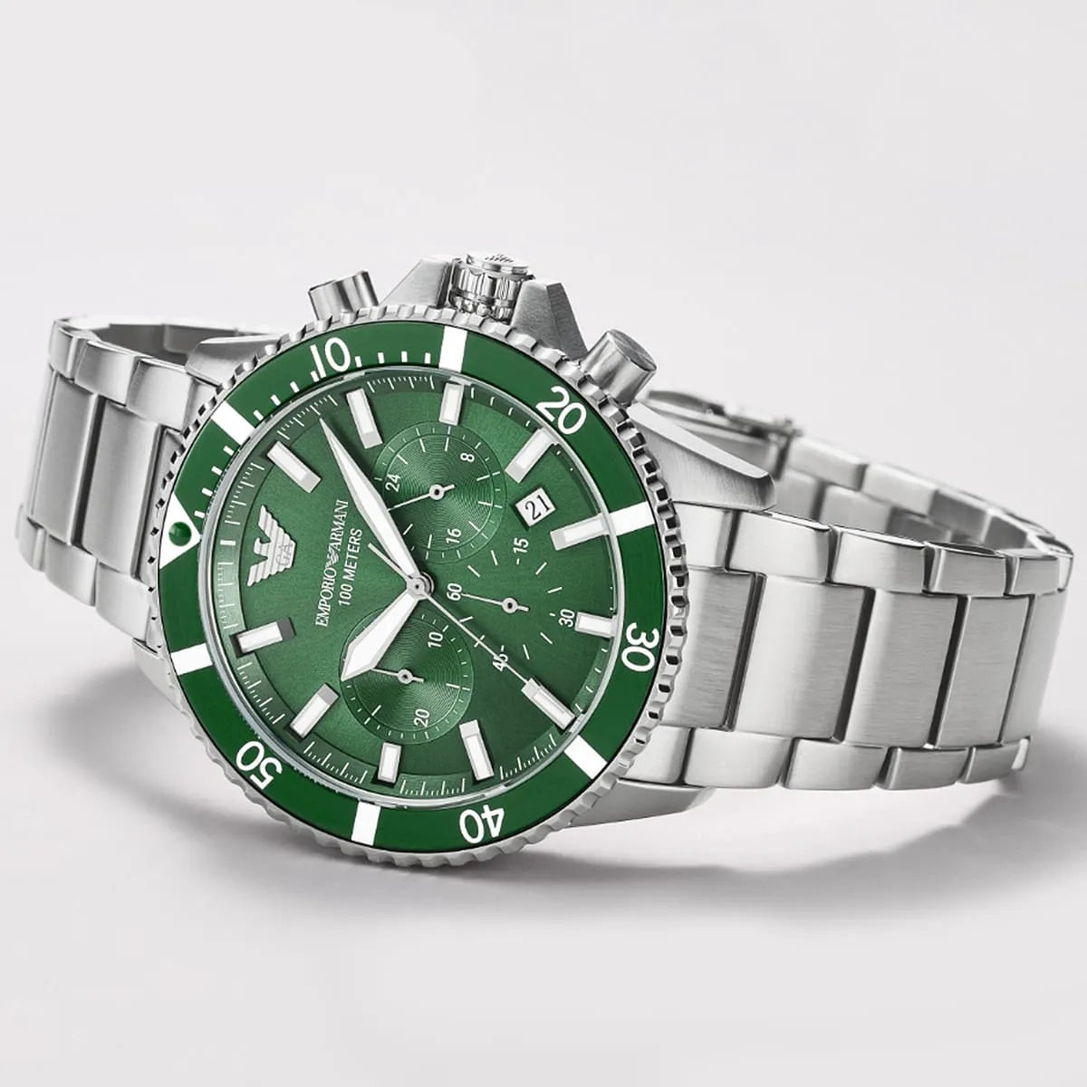Emporio Armani Diver AR11500 Men's Chronograph Watch – Green Sunray & Green Stainless Steel Bracelet