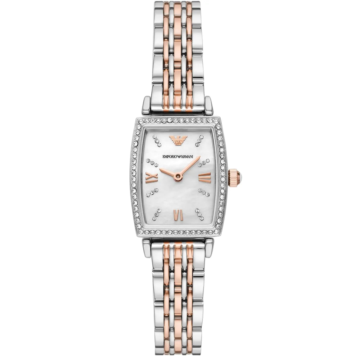 Emporio Armani Signature AR11519 26mm Women's Quartz Watch – Mother-of-Pearl Crystal-Set & Two-Tone Silver and Rose Gold Stainless Steel Bracelet