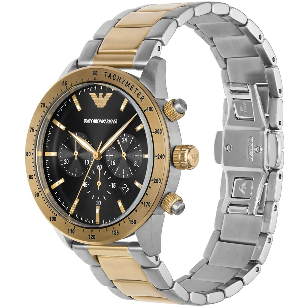 Emporio Armani Mario AR11521 43mm Men's Chronograph Watch – Black & Two-Tone Stainless Steel Bracelet