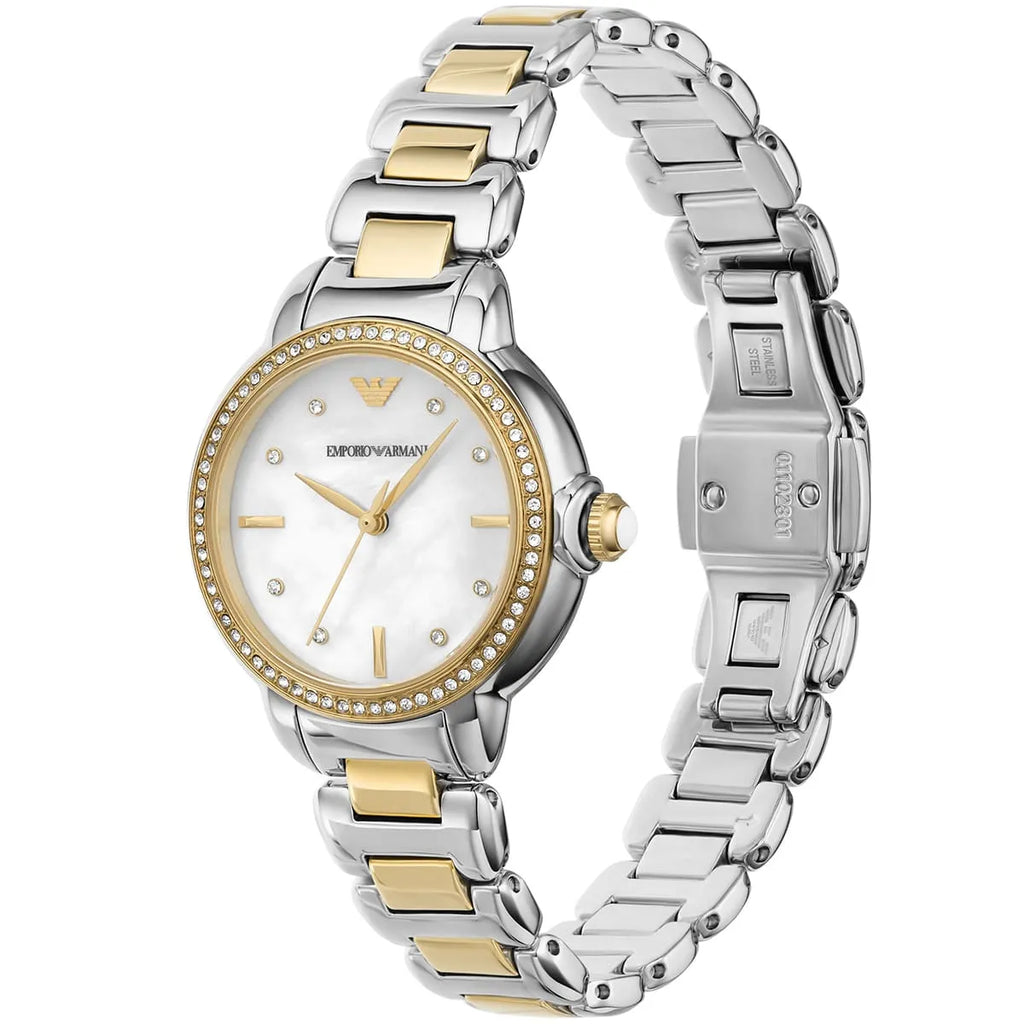 Emporio Armani Mia AR11524 32mm Women's Quartz Watch – Mother-of-Pearl Crystal-Set Floral & Two-Tone Silver and Rose Gold Stainless Steel Bracelet
