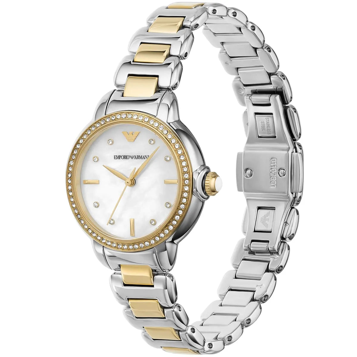 Emporio Armani Mia AR11524 32mm Women's Quartz Watch – Mother-of-Pearl Crystal-Set Floral & Two-Tone Silver and Rose Gold Stainless Steel Bracelet