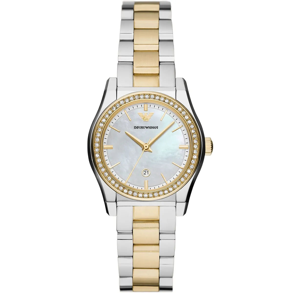 Emporio Armani Federica AR11559 32mm Women's Quartz Watch – Mother-of-Pearl Crystal-Set & Two-Tone Silver and Rose Gold Stainless Steel Bracelet