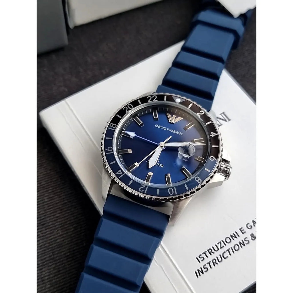 Emporio Armani Diver AR11592 43mm Men's Quartz Watch – Blue Sunray & Blue Rubber Strap
