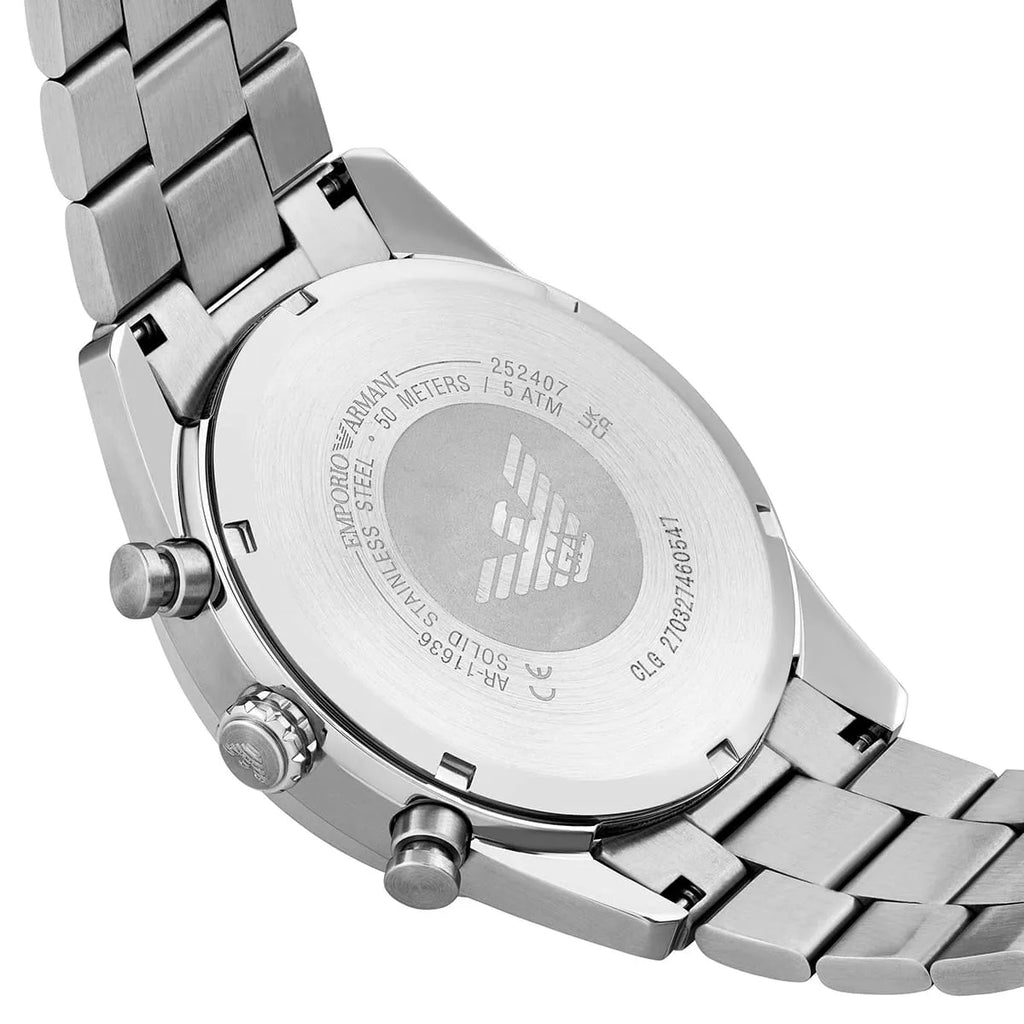 Emporio Armani Racer AR11636 42mm Men's Chronograph Watch – Silver Sunray & Silver Stainless Steel Bracelet