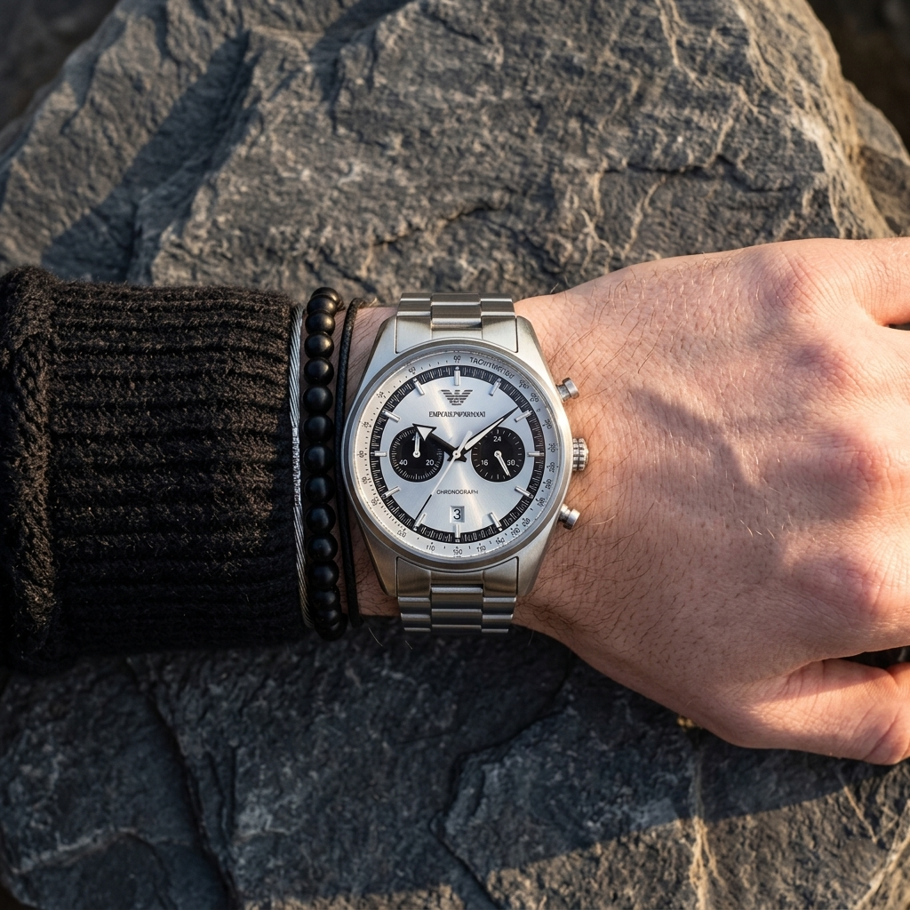 Emporio Armani Racer AR11636 42mm Men's Chronograph Watch – Silver Sunray & Silver Stainless Steel Bracelet