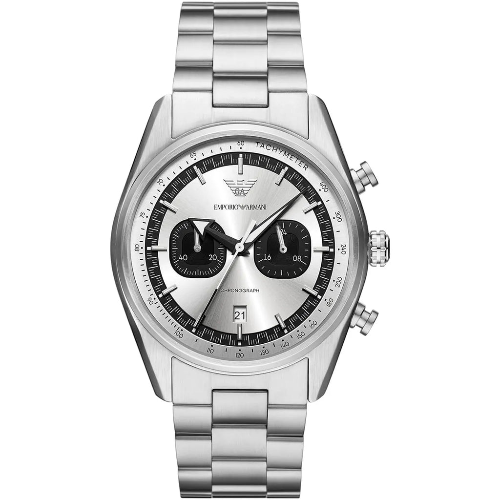 Emporio Armani Racer AR11636 42mm Men's Chronograph Watch – Silver Sunray & Silver Stainless Steel Bracelet