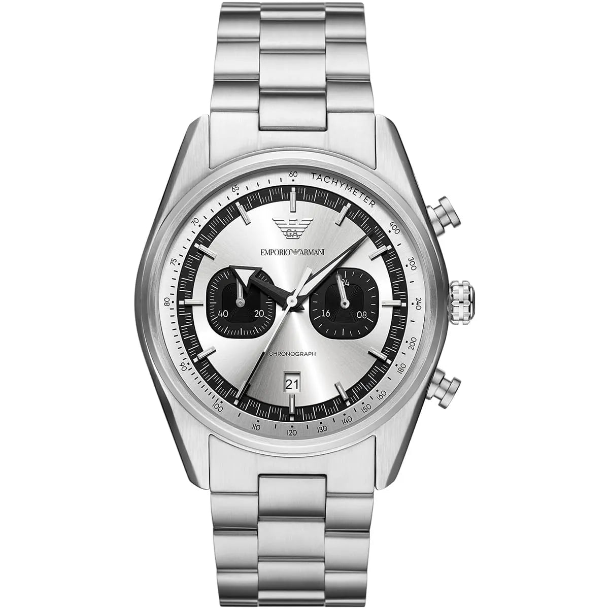 Emporio Armani Racer AR11636 42mm Men's Chronograph Watch – Silver Sunray & Silver Stainless Steel Bracelet