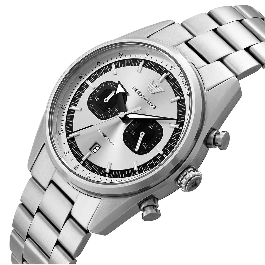 Emporio Armani Racer AR11636 42mm Men's Chronograph Watch – Silver Sunray & Silver Stainless Steel Bracelet