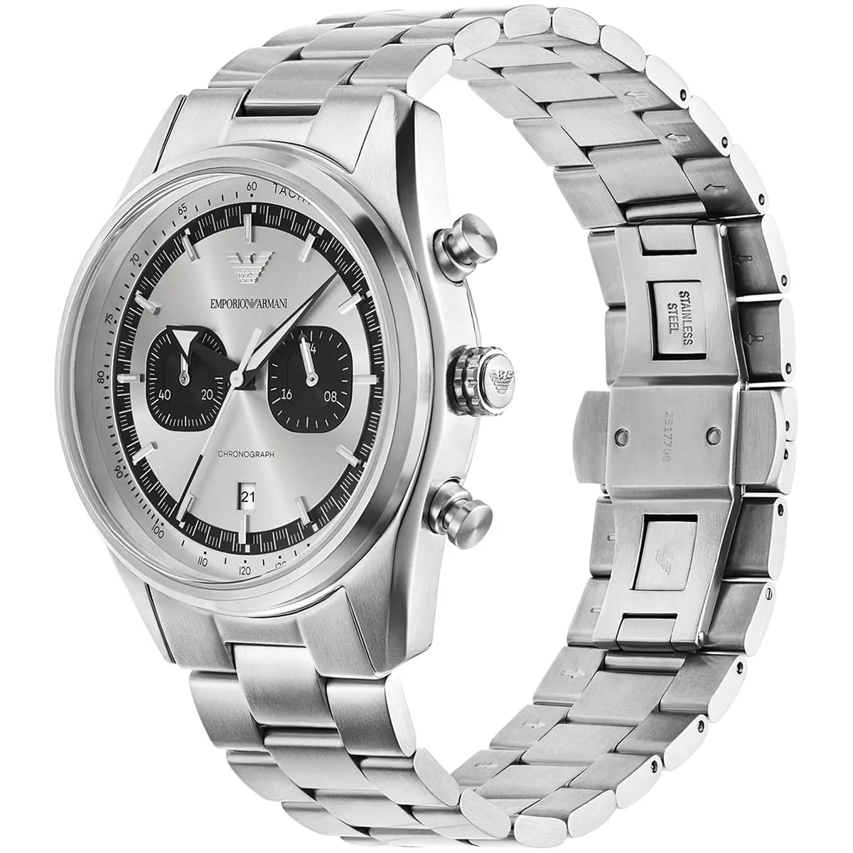 Emporio Armani Racer AR11636 42mm Men's Chronograph Watch – Silver Sunray & Silver Stainless Steel Bracelet