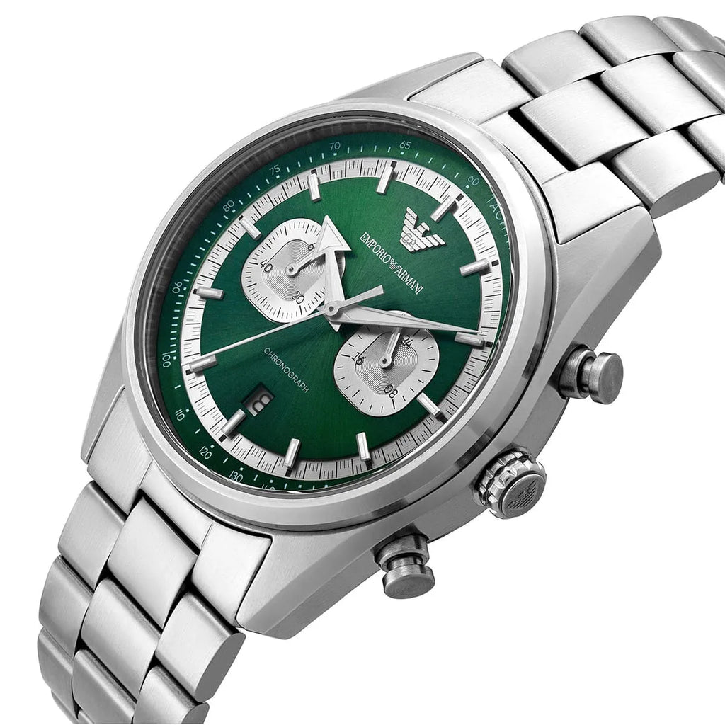 Emporio Armani Racer AR11637 42mm Men's Chronograph Watch – Emerald Green Sunray & Silver Stainless Steel Bracelet