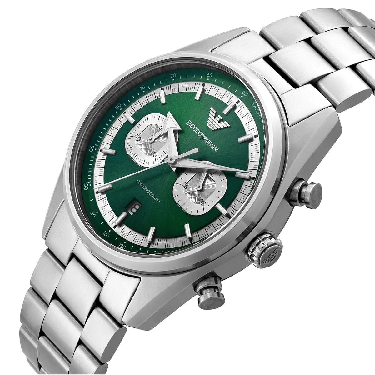 Emporio Armani Racer AR11637 42mm Men's Chronograph Watch – Emerald Green Sunray & Silver Stainless Steel Bracelet