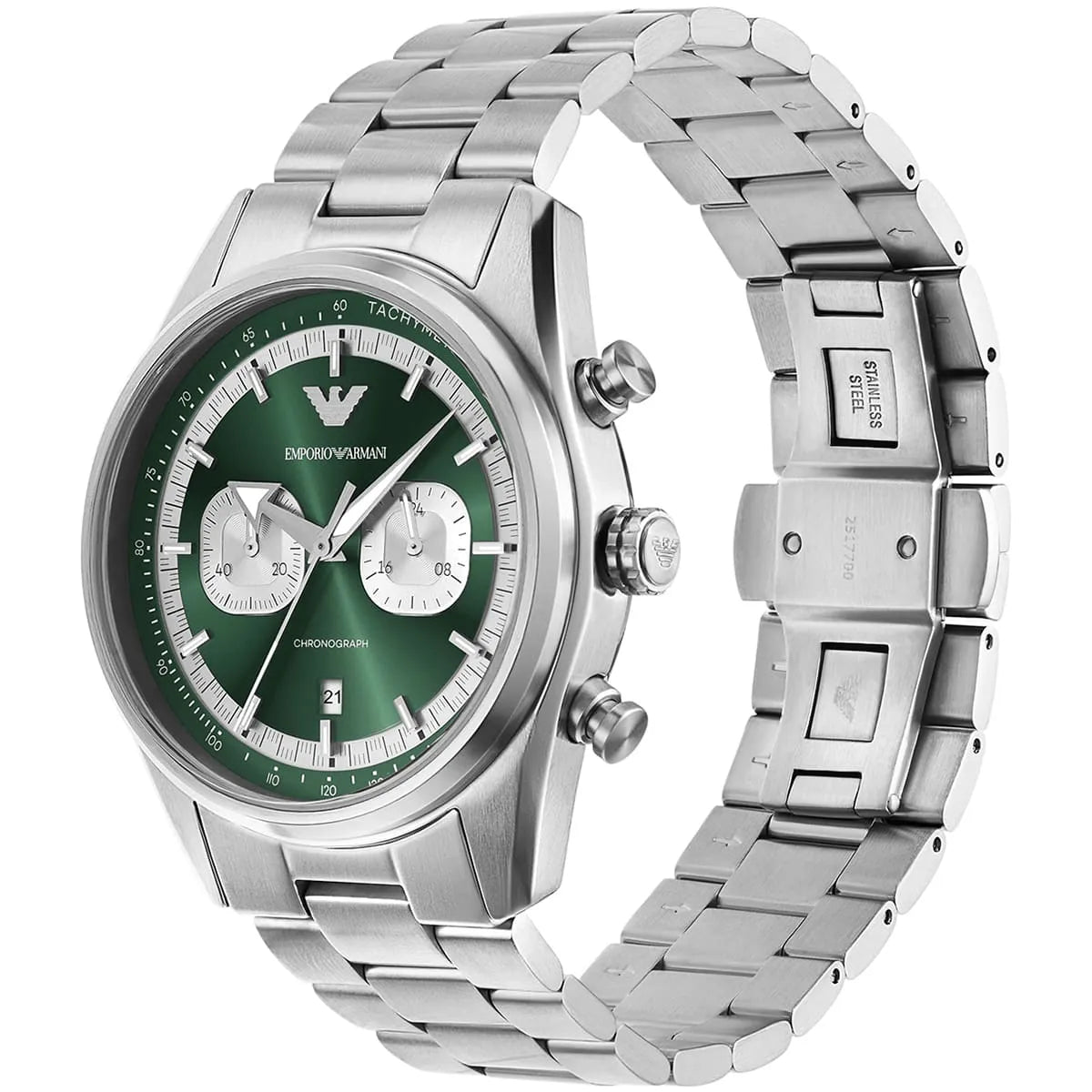 Emporio Armani Racer AR11637 42mm Men's Chronograph Watch – Emerald Green Sunray & Silver Stainless Steel Bracelet