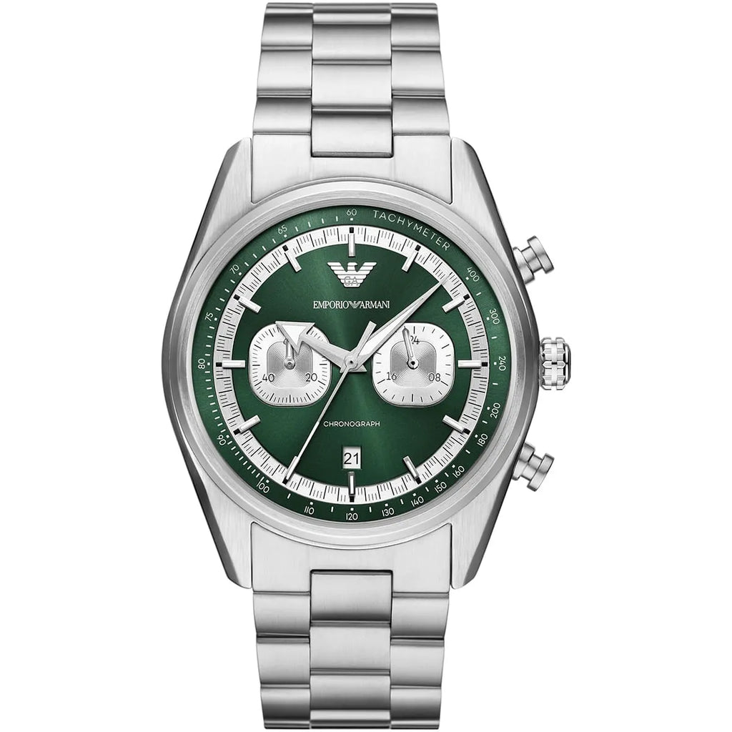 Emporio Armani Racer AR11637 42mm Men's Chronograph Watch – Emerald Green Sunray & Silver Stainless Steel Bracelet