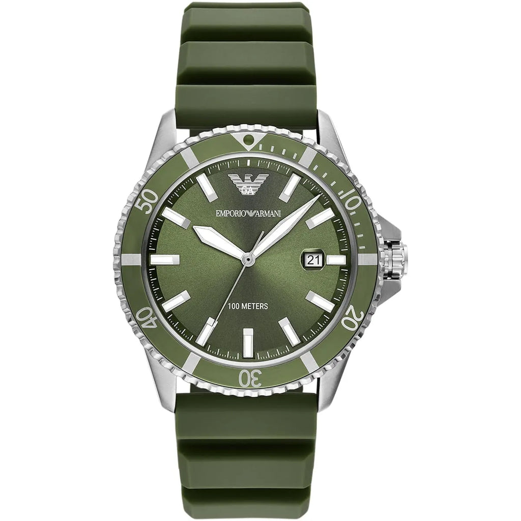 Emporio Armani World Explorer AR11638 42mm Men's Quartz Watch – Emerald Green Sunray & Green Rubber Strap