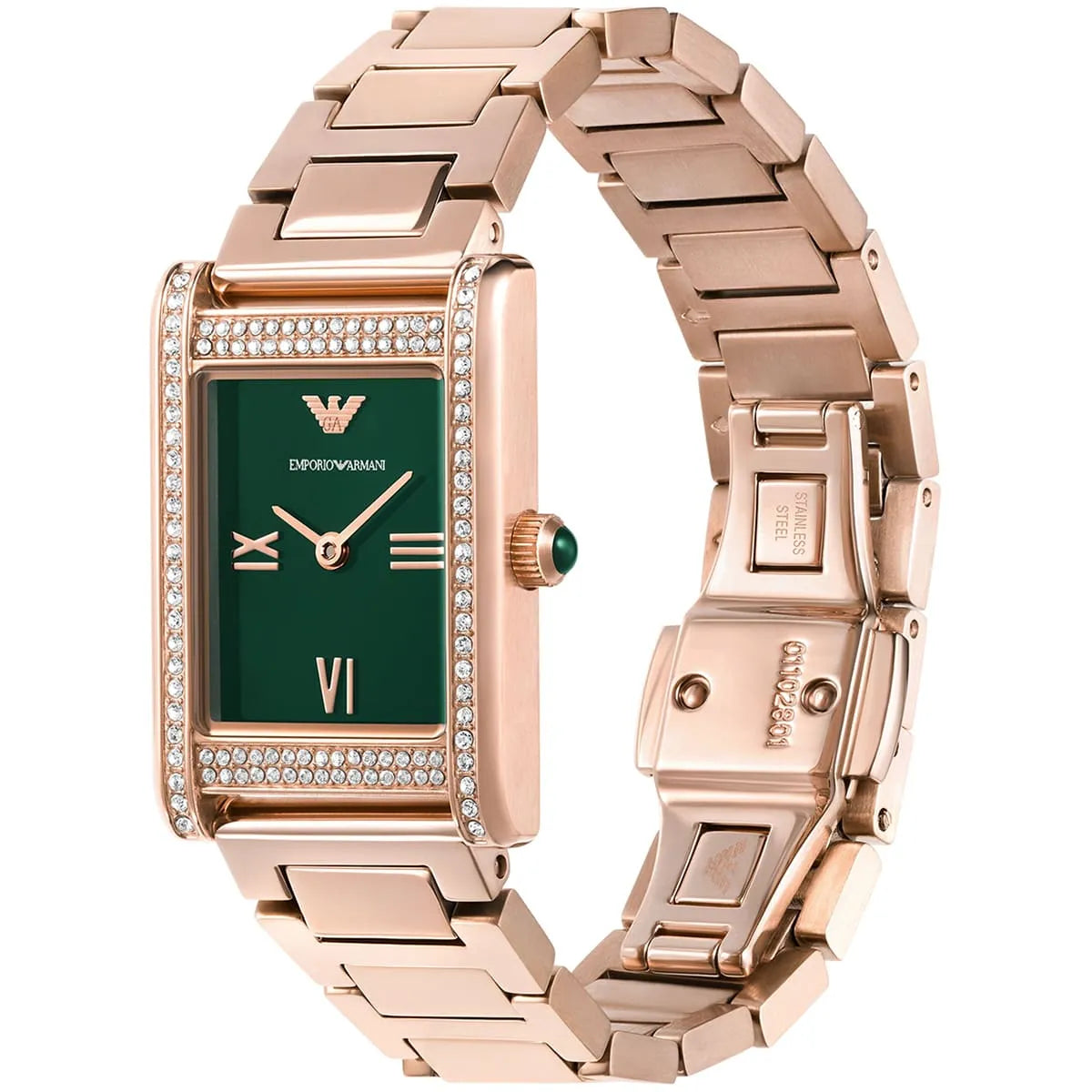 Emporio Armani Genni AR11641 32mm Women's Quartz Watch – Emerald Green Crystal-Set & Rose Gold Stainless Steel Bracelet