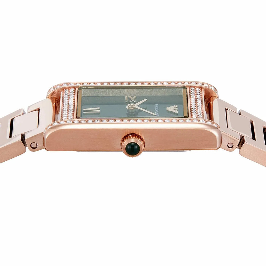 Emporio Armani Genni AR11641 32mm Women's Quartz Watch – Emerald Green Crystal-Set & Rose Gold Stainless Steel Bracelet