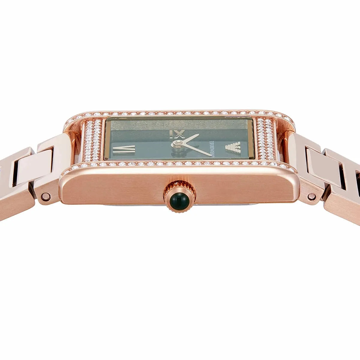 Emporio Armani Genni AR11641 32mm Women's Quartz Watch – Emerald Green Crystal-Set & Rose Gold Stainless Steel Bracelet