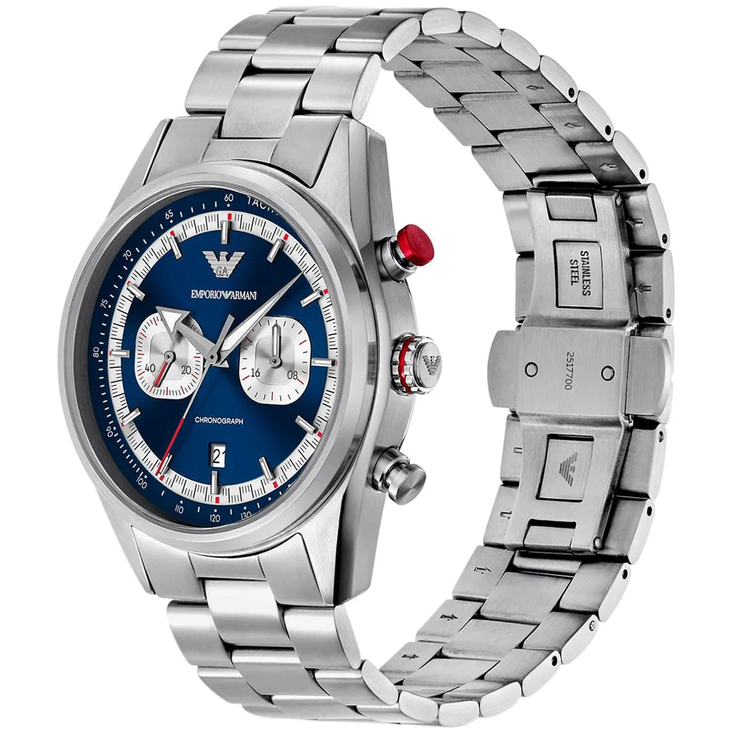 Emporio Armani Racer AR11676 42mm Men's Chronograph Watch – Navy Blue Sunray & Silver Stainless Steel Bracelet