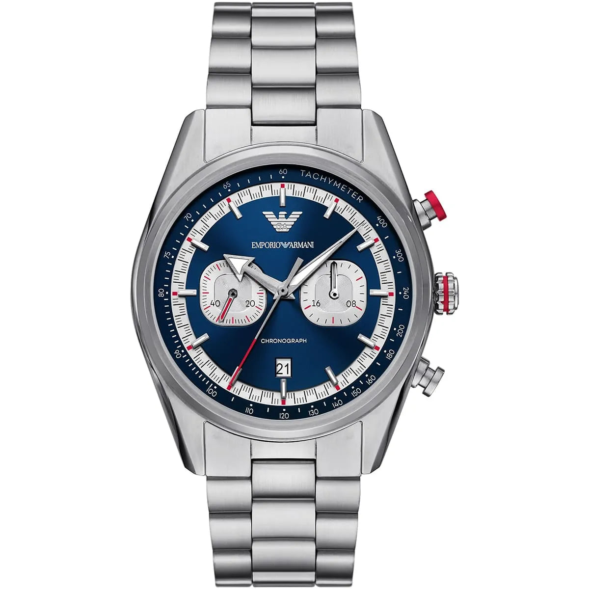 Emporio Armani Racer AR11676 42mm Men's Chronograph Watch – Navy Blue Sunray & Silver Stainless Steel Bracelet