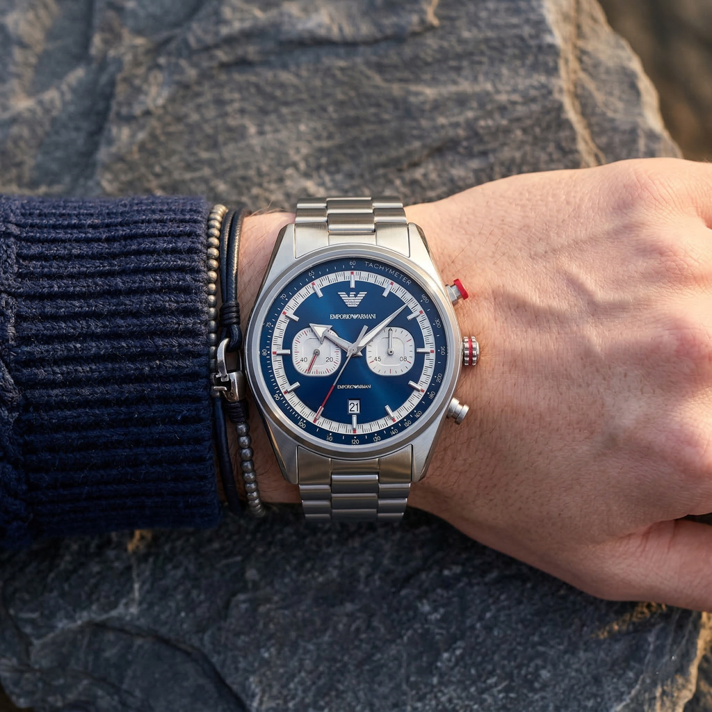 Emporio Armani Racer AR11676 42mm Men's Chronograph Watch – Navy Blue Sunray & Silver Stainless Steel Bracelet