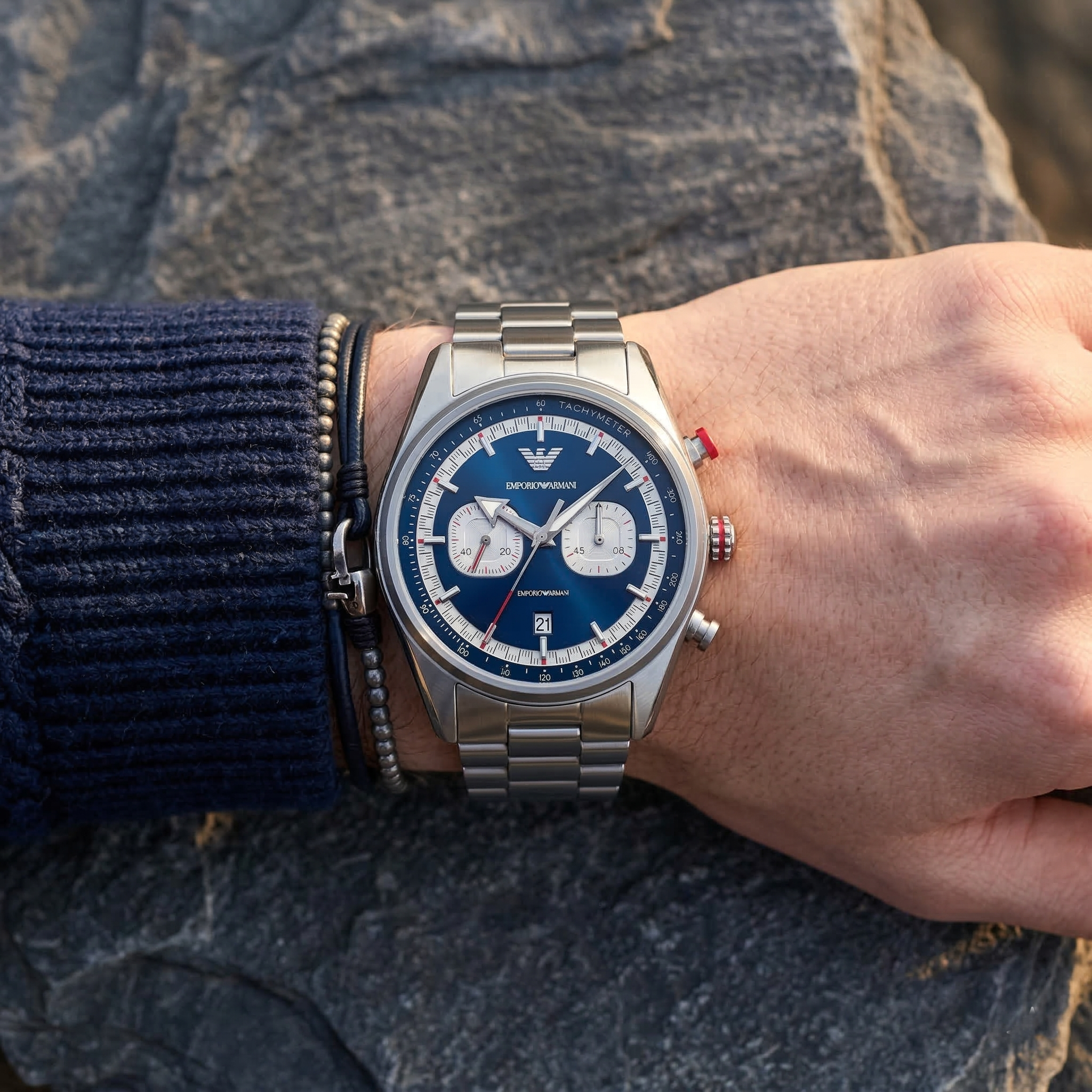 Emporio Armani Racer AR11676 42mm Men's Chronograph Watch – Navy Blue Sunray & Silver Stainless Steel Bracelet