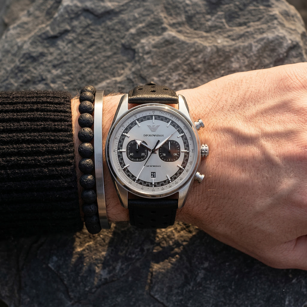 Emporio Armani Racer AR11677 42mm Men's Chronograph Watch – Silver Sunray & Black Genuine Leather Strap