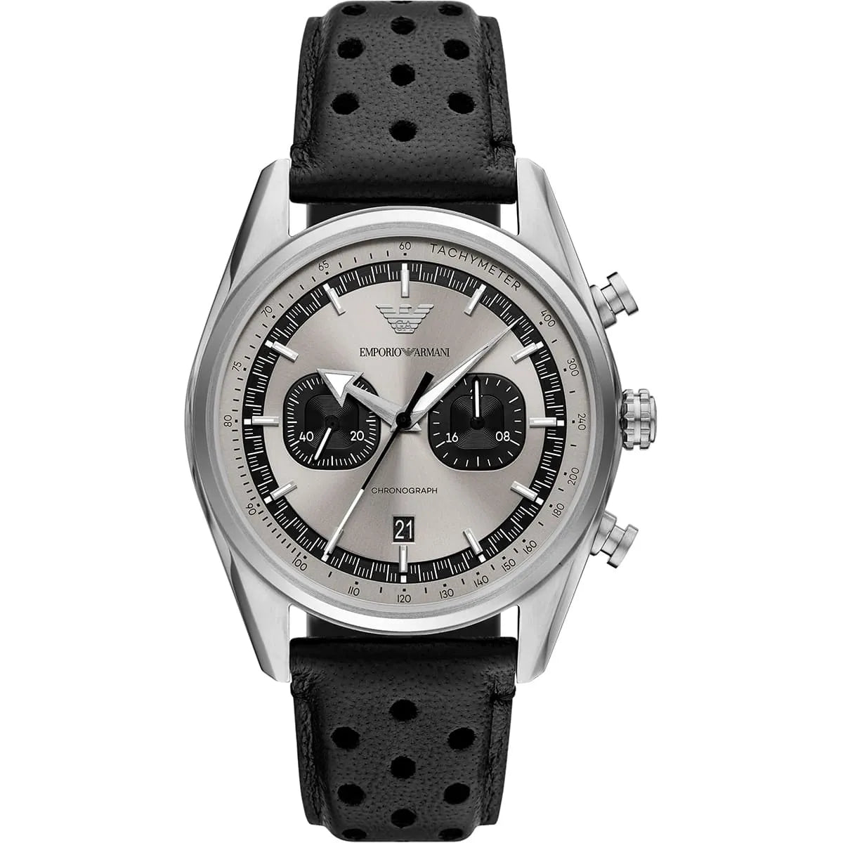 Emporio Armani Racer AR11677 42mm Men's Chronograph Watch – Silver Sunray & Black Genuine Leather Strap