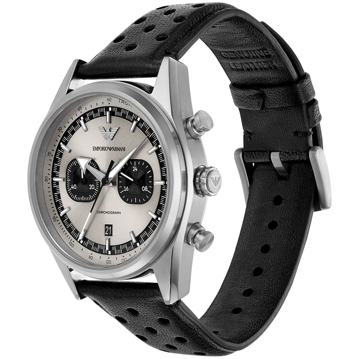 Emporio Armani Racer AR11677 42mm Men's Chronograph Watch – Silver Sunray & Black Genuine Leather Strap