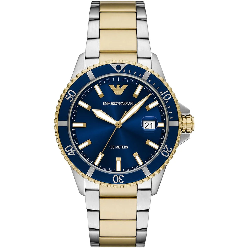 Emporio Armani World Explorer AR11682 42mm Men's Quartz Watch – Navy Blue Sunray & Two-Tone Stainless Steel Bracelet