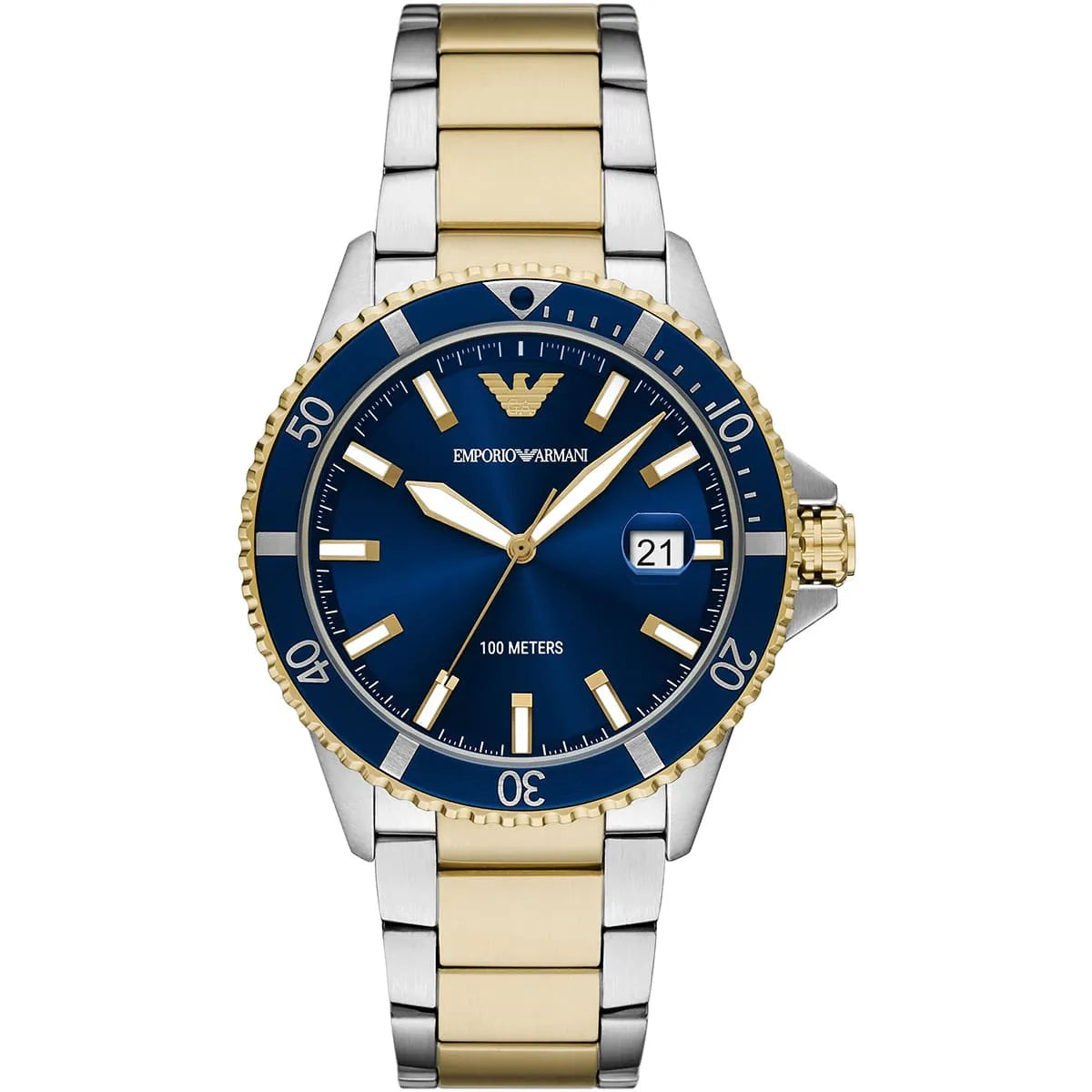 Emporio Armani World Explorer AR11682 42mm Men's Quartz Watch – Navy Blue Sunray & Two-Tone Stainless Steel Bracelet